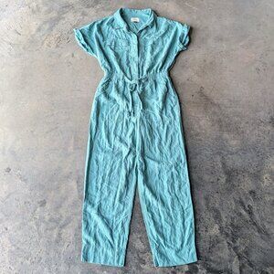 Universal Thread Teal Green Short Sleeve Belted Wide Leg Linen Blend Jumpsuit